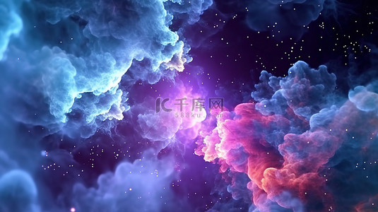 宇宙星云紫色背景图片_蓝色和紫色星云的宇宙雾霾通过 3D 插图探索太空中的气态星云