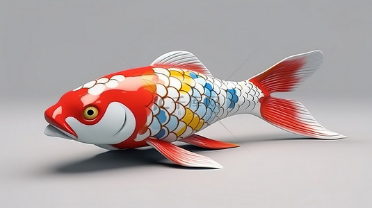 充满活力的 3D 渲染锦鲤鱼的侧视图，具有醒目的白色和红色图案