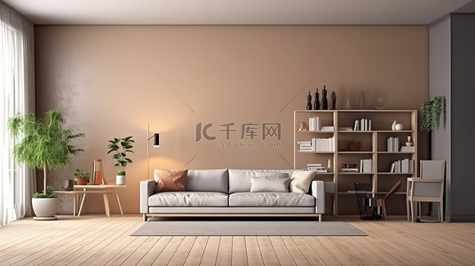 木地板客厅背景图片_带沙发和橱柜的舒适客厅的 3D 渲染