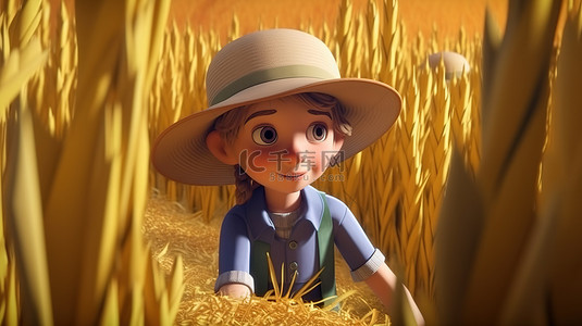 一个戴着草帽在农场工作的孩子的 3D 插图