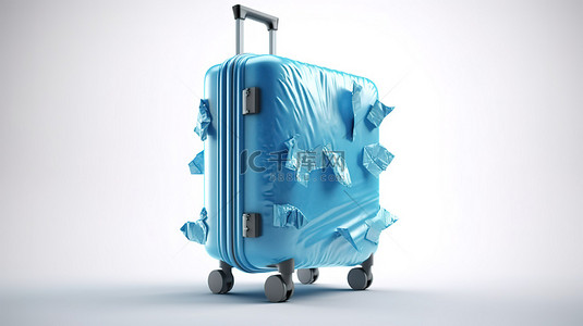 蓝色手提箱和塑料袋在空中翱翔的美学 3D 插图，以创意旅行冒险概念