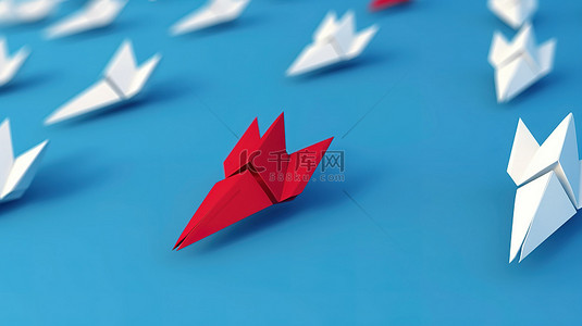红纸飞机领先于白色飞机，使用 3D 渲染在蓝色背景上象征性地展示领导力和商业竞争