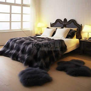 卧室巨大的黑色羊皮地毯