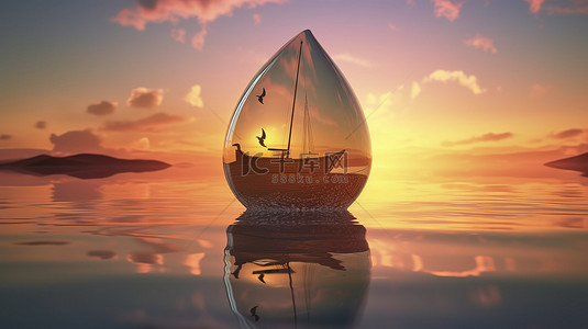 夜晚时间背景图片_日落时间 3D 渲染蛋形玻璃内的帆船和海鸥轮廓