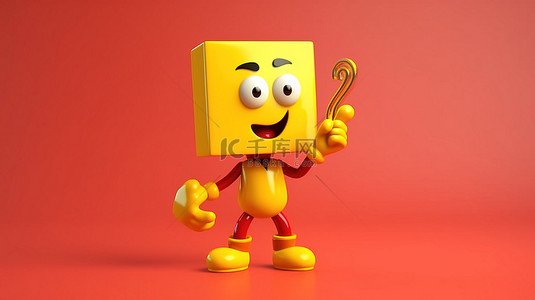 3D 渲染的金色奖杯人物吉祥物，黄色背景上带有红色问号，授予获胜者或神秘竞争者