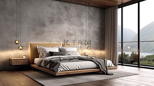 现代卧室设计，配有混凝土墙背景和模型 d cor 3d 渲染