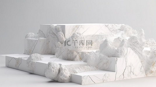 3d 渲染的带白色石头的讲台，用于产品展示散落的碎片板