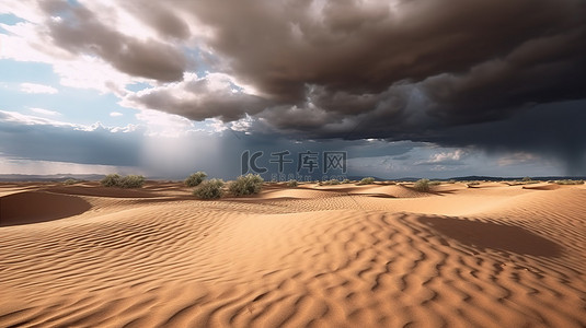 灰色地平线上黄色沙丘和沙云的 3D 插图