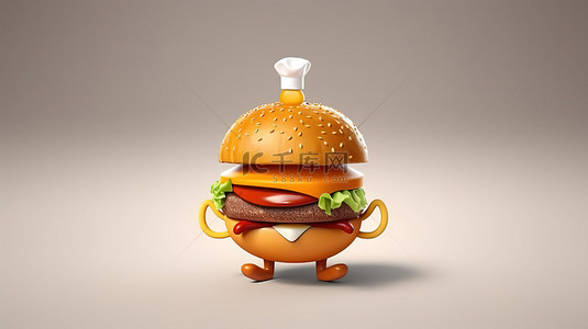 厨师卡通背景图片_3D 渲染中厨师的招牌汉堡