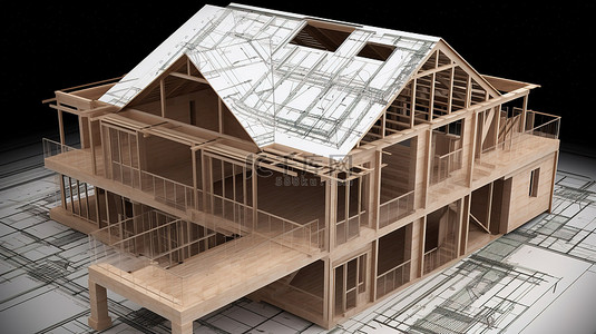 屋顶维修背景图片_蓝图成为现实 3d 渲染中的房子