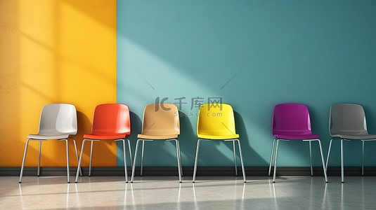 靠墙摆放的教室椅子上装饰着 3D 渲染的信息海报