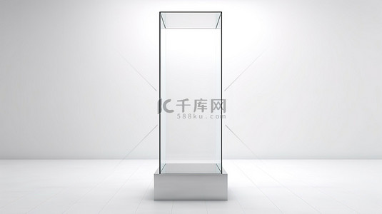 显示在白色背景上的玻璃展示立方体，周围环绕着艺术画廊或博物馆 3D 渲染中的空基座舞台讲台或柱子