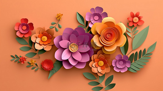 剪纸风格 3D 渲染中的花卉艺术与剪切路径