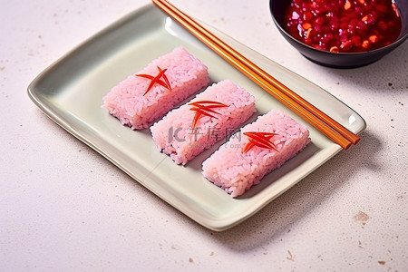 米饭筷子背景图片_用筷子将甜米饭放在盘子上，并饰以红辣椒