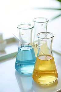 科学玻璃器皿中的四个试管和化学品