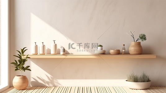 洗涤背景图片_具有 3D 渲染和室内场景模型的简约木质洗涤区