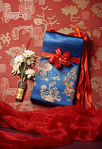 一个盒子，上面有一个红色和蓝色的袋子，上面有一个古老的中文文字