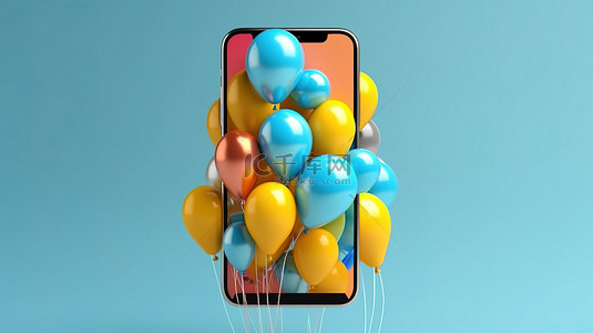 蓝色背景上带有充满活力的气球的智能手机的现代时尚 3D 插图