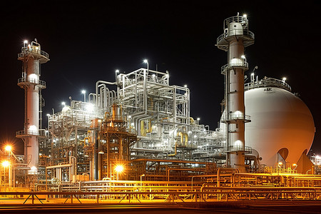 产业园区背景图片_夜间炼油厂配有大型泵和管道