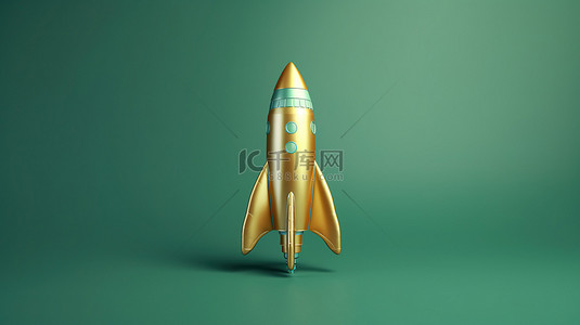 图标火箭背景图片_福尔图纳金火箭图标与潮水绿色背景 3d 渲染社交媒体符号