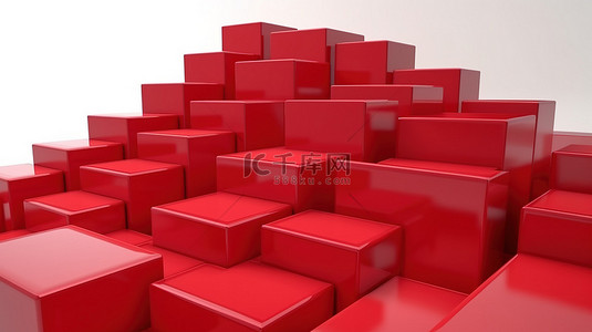 红色上箭头背景图片_白色背景上像楼梯一样堆叠的红色盒子塔在 3D 渲染中取得胜利
