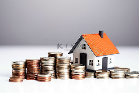 背景中间背景图片_白色背景中间的小硬币旁矗立着一座房子