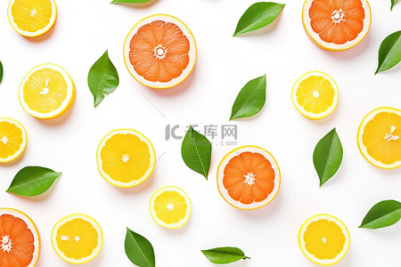 柑橘类水果背景图片_白色背景的柑橘类水果，叶果顶视图