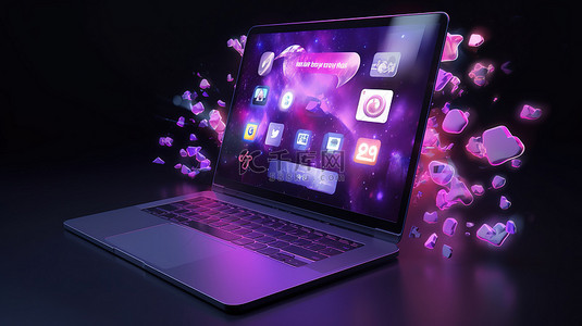 共享管理背景图片_1 模糊的紫色背景托管带有社交媒体图标和形状的 3D 渲染笔记本电脑