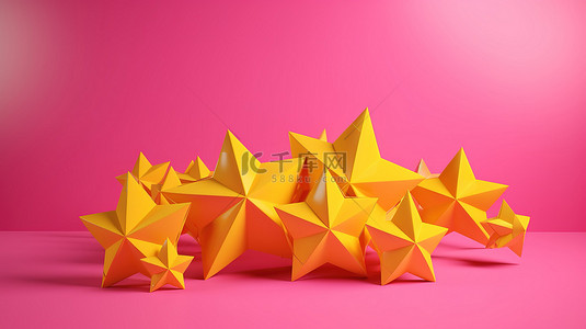 极简主义 3d 插图充满活力的黄色星星在粉红色背景下