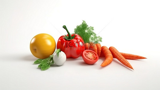 彩色蔬菜的 3D 图标，配有西红柿胡萝卜柠檬和白色表面的纯红色背景