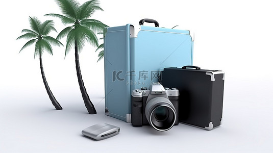 捕捉记忆 3D 相机与文件夹棕榈树和手提箱
