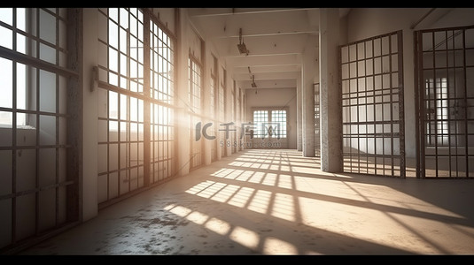 在监狱的范围内 3d 渲染一扇投射光的栅栏窗户