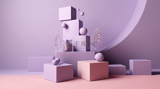 漂浮紫色背景图片_柔和紫色背景上漂浮礼物的讲台展示的 3D 渲染