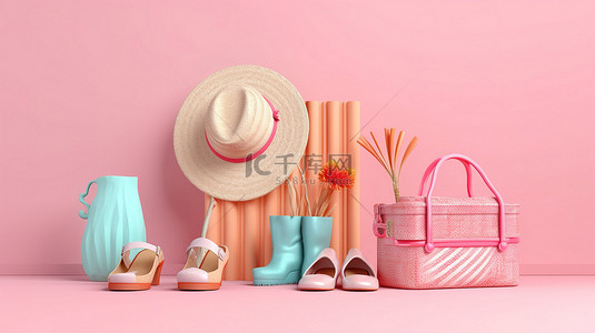 水帽背景图片_柔和的粉红色背景，具有 3D 渲染的海滩配件