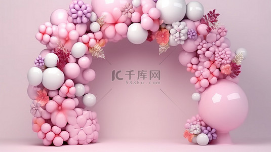 日生日背景图片_气球花环元素的 3D 渲染，为生日和婚礼庆祝活动创建框架