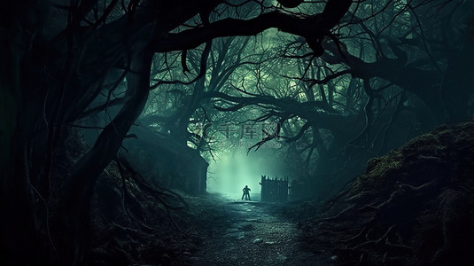 穿越魔法森林中心的怪异迷雾小路 3D 数字艺术品