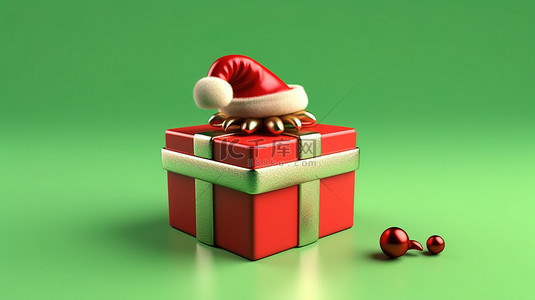 圣诞节绿色帽子背景图片_3d 渲染的绿色背景上的节日问候和季节庆祝活动圣诞老人帽子和礼品盒