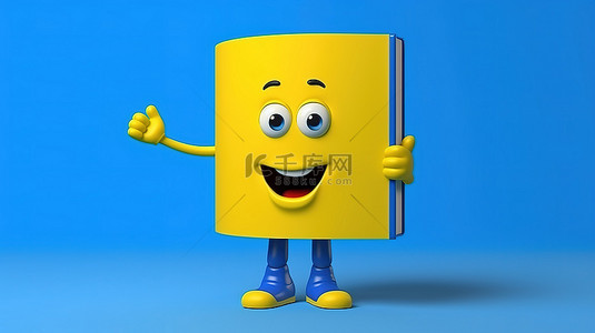 蓝书吉祥物的 3D 渲染，在充满活力的黄色背景上带有空广告站