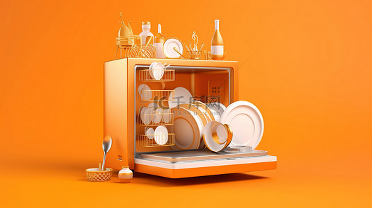 装有家居用品的橙色背景洗碗机的 3D 渲染