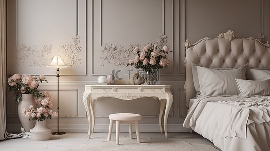 卧室 bliss 3d 渲染图，配有舒适的梳妆台角和装满玫瑰花的花瓶