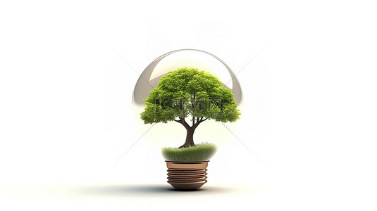 3D 渲染图像绿树封闭在白色背景上的灯泡内​​，象征节能和环境意识