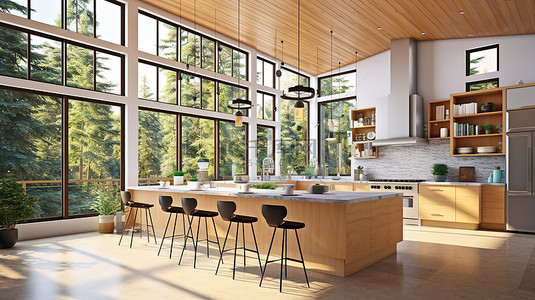 现代厨房设有宽敞的岛台和 3D 渲染的令人惊叹的大窗户