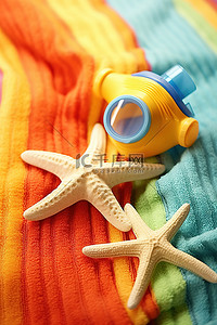 海星和彩色毛巾上的浮潜