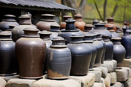 许多韩国陶器瓮放在石墙旁边