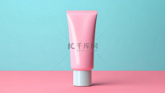 粉色化妆品水背景图片_蓝色背景上的 3D 渲染双色调粉色化妆品霜管