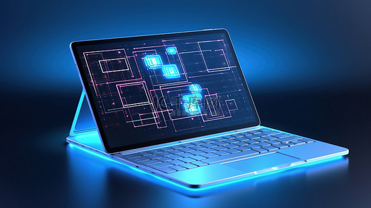 带有蓝色背景键盘的空白屏幕平板电脑的 3D 插图，增强了光线效果