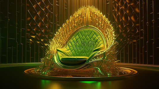 金色背景上闪闪发光的绿色座椅 雄伟的皇家宝座的未来主义 3D 渲染