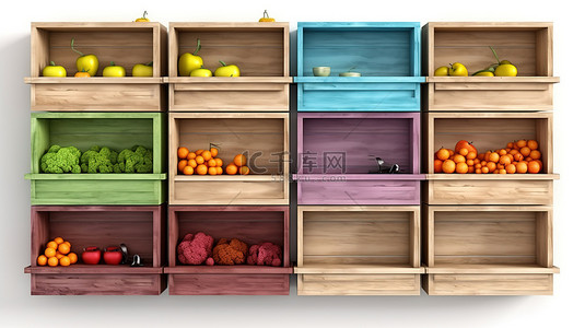 蔬菜货架背景图片_彩色木制蔬菜架，白色背景上有 3D 渲染的空盒子