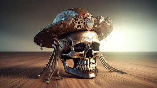 骷髅背景图片_带有骷髅剑和帽子的海盗主题广告的 3D 渲染