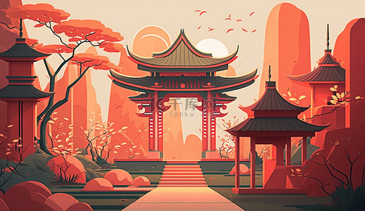 中国风祥云扇子背景图片_中国风建筑红色日出背景